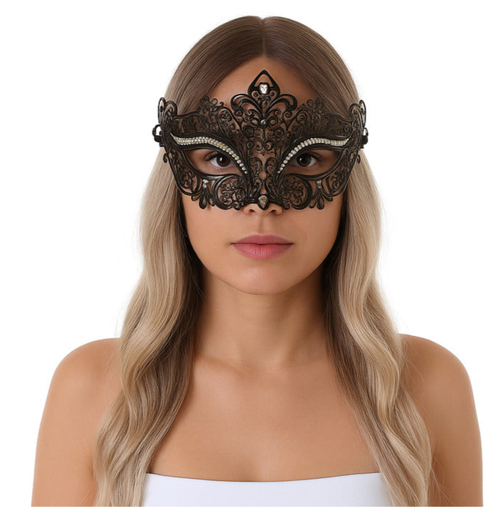 Metallinen pitsisilmikko strasseilla, musta + hopea