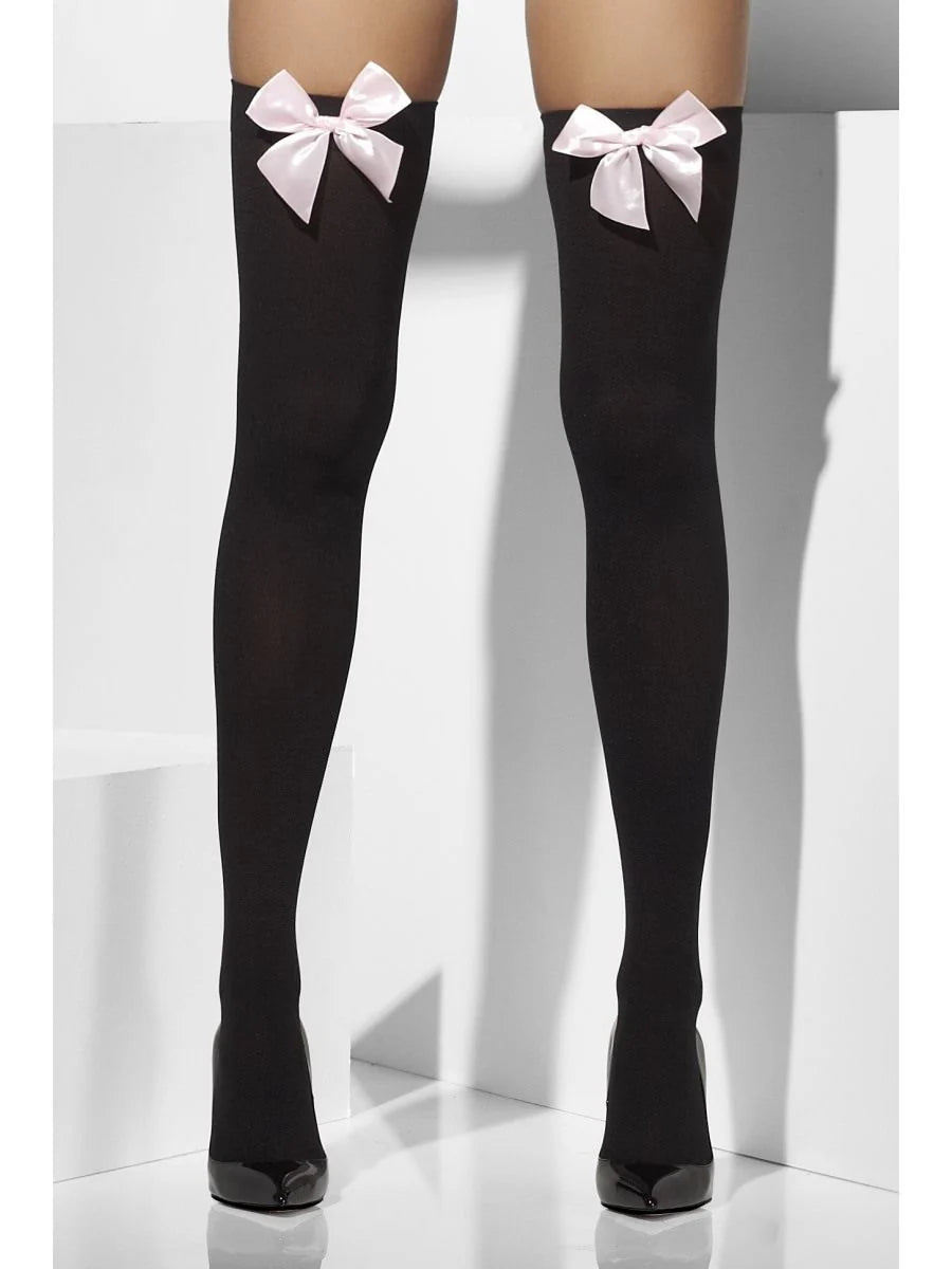 Ylipolvensukat mustat, vaaleanpunainen rusetti