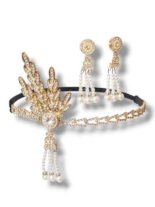 1920-luvun setti pääpanta + korvakorut Gold & Pearls Deluxe