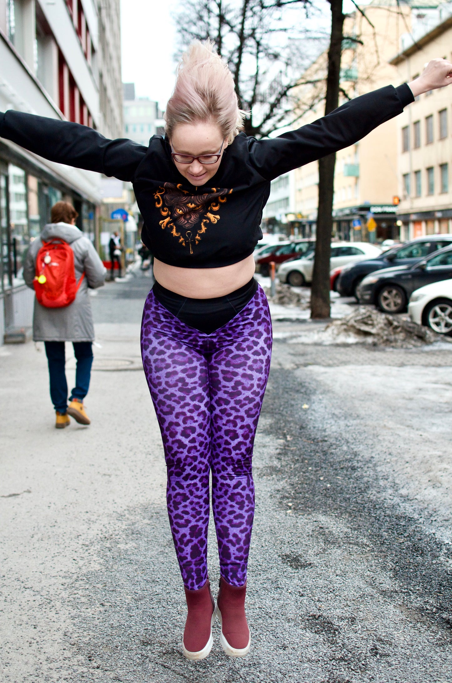 Legginsit Leopard Purple, extrakorkea vyötärö