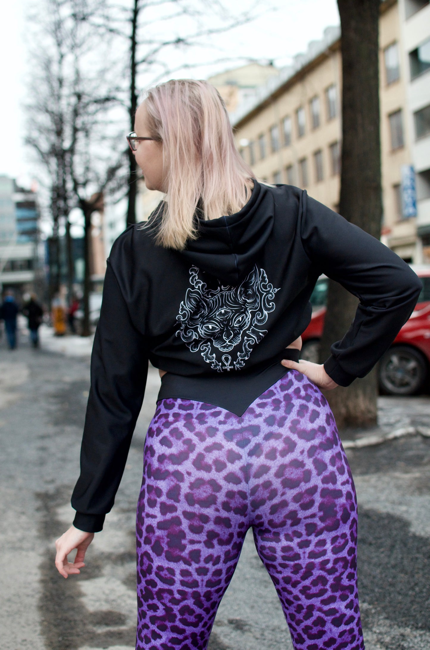 Legginsit Leopard Purple, extrakorkea vyötärö