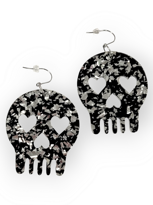 ILONE korvakorut Giant Heart Skull, glitter black