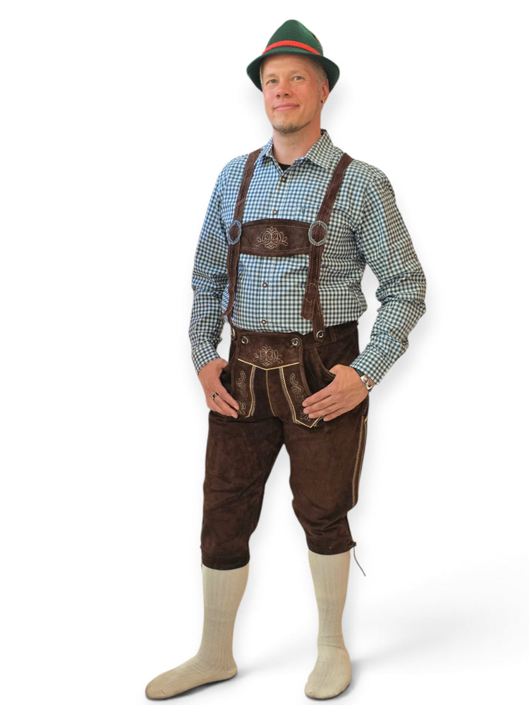 Aidot Oktoberfest Lederhosen nahkahousut, pitkälahkeinen ruskea