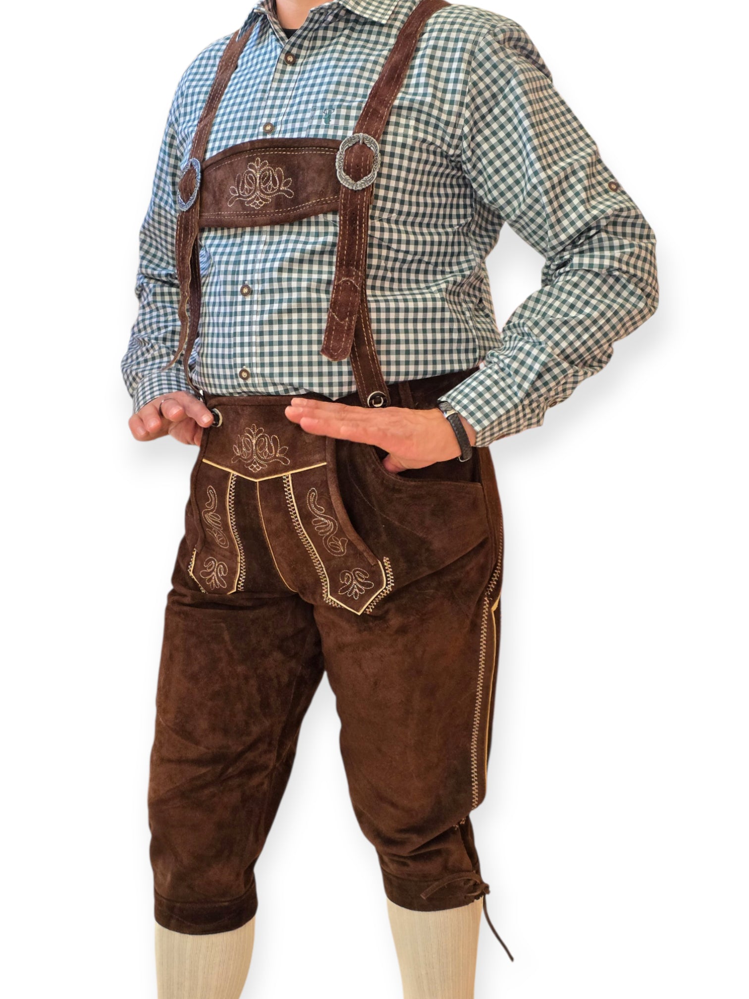 Aidot Oktoberfest Lederhosen nahkahousut, pitkälahkeinen ruskea