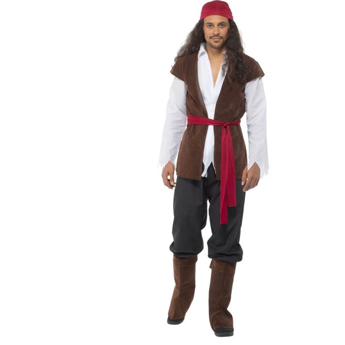 Merirosvon asukokonaisuus (paita, liivi, housut, vyö, huivi ja saapassuojat)