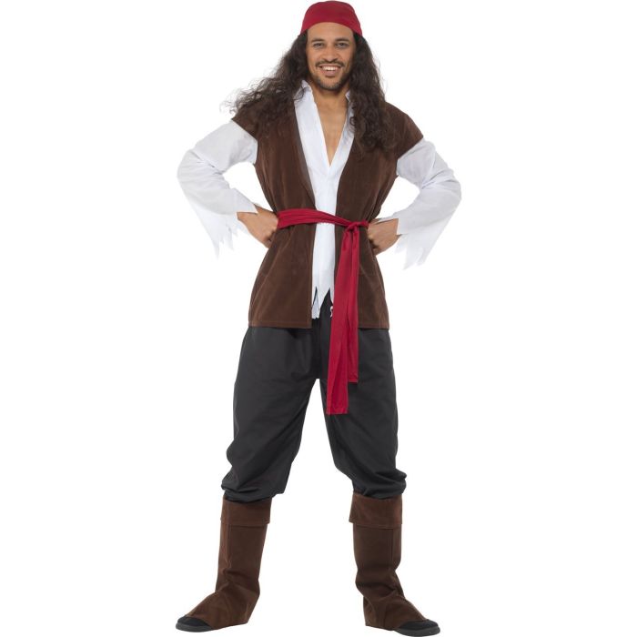 Merirosvon asukokonaisuus (paita, liivi, housut, vyö, huivi ja saapassuojat)