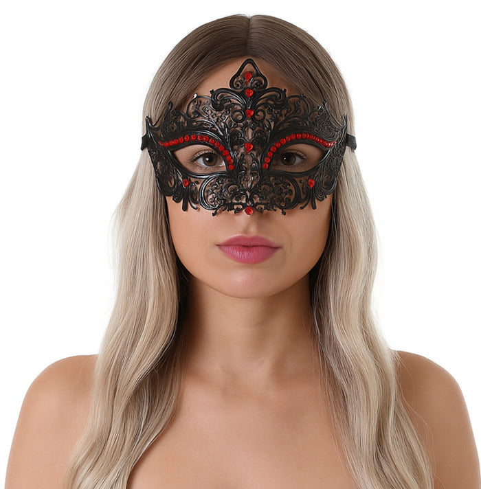 Metallinen pitsisilmikko strasseilla, musta + punainen