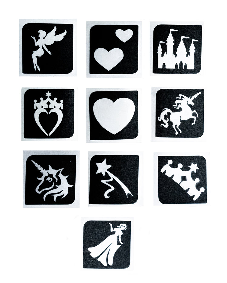 Tarrakiinnitteinen sapluunasetti Princess & Unicorns (10kpl lajitelma)