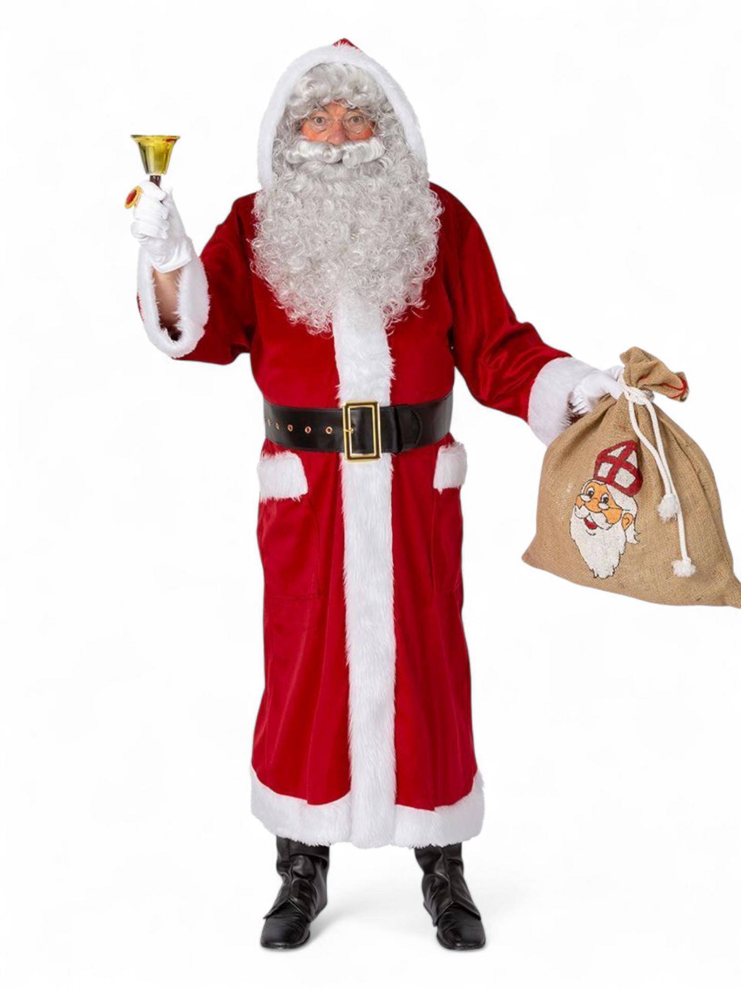 Joulupukin mantteli hupulla, taskuilla ja vyöllä