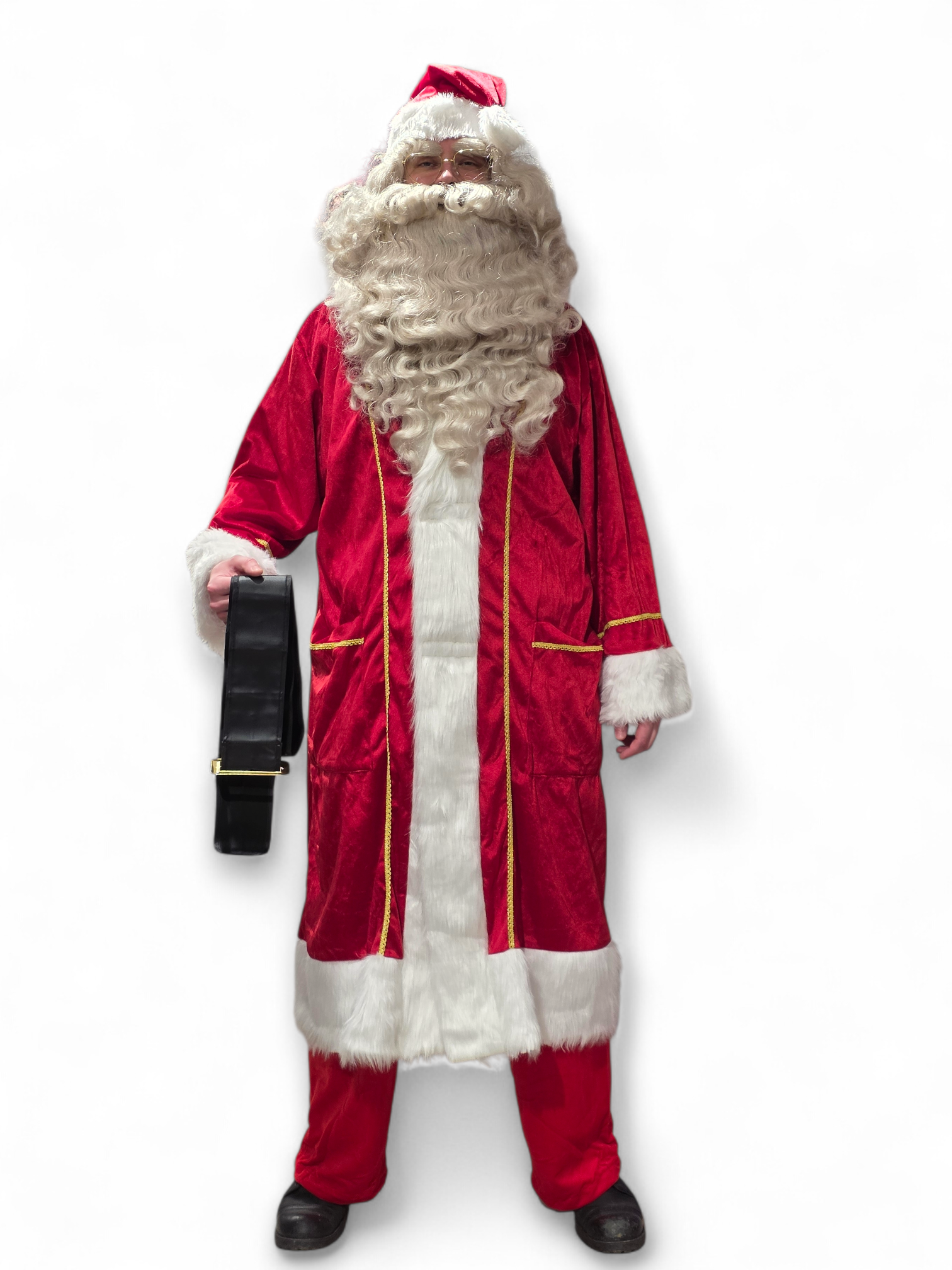 Ammattilaistasoinen joulupukin mantteli kultakirjailulla (+ vyö ja lakki) Deluxe
