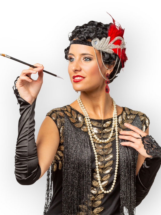 1920-luvun setti Dramatic (pääpanta, helmet, käsineet, korvakorut ja holkki)