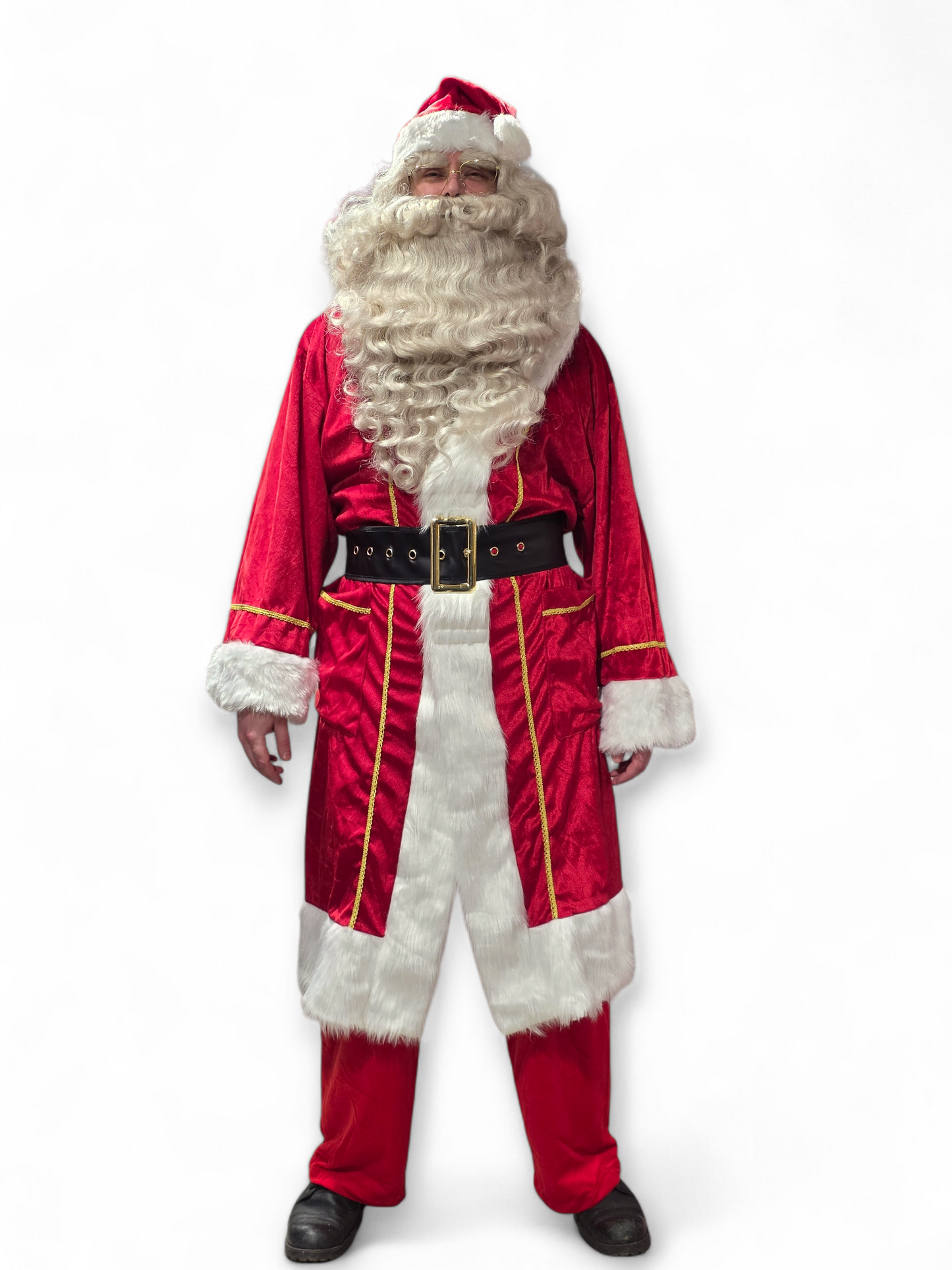 Ammattilaistasoinen joulupukin mantteli kultakirjailulla (+ vyö ja lakki) Deluxe