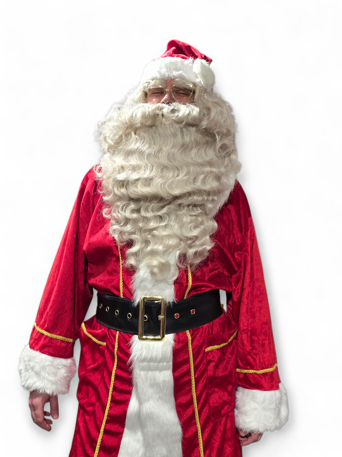 Ammattilaistasoinen joulupukin mantteli kultakirjailulla (+ vyö ja lakki) Deluxe