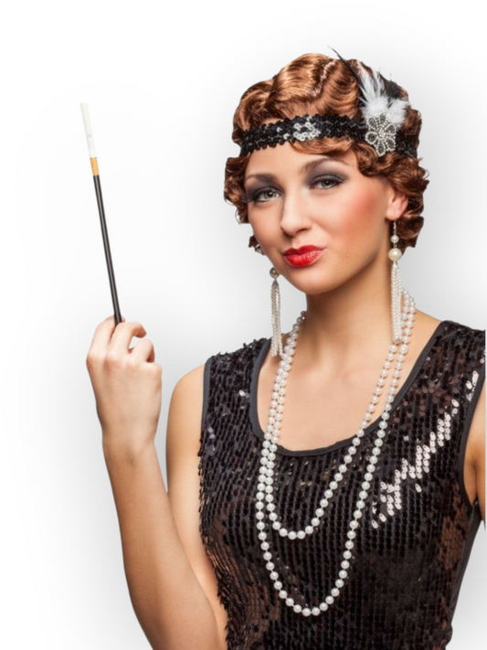 1920-luvun setti Black&White (pääpanta, helmet, korvikset ja holkki)