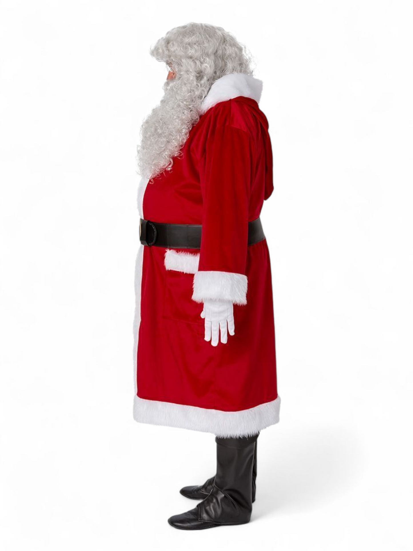 Joulupukin mantteli hupulla, taskuilla ja vyöllä