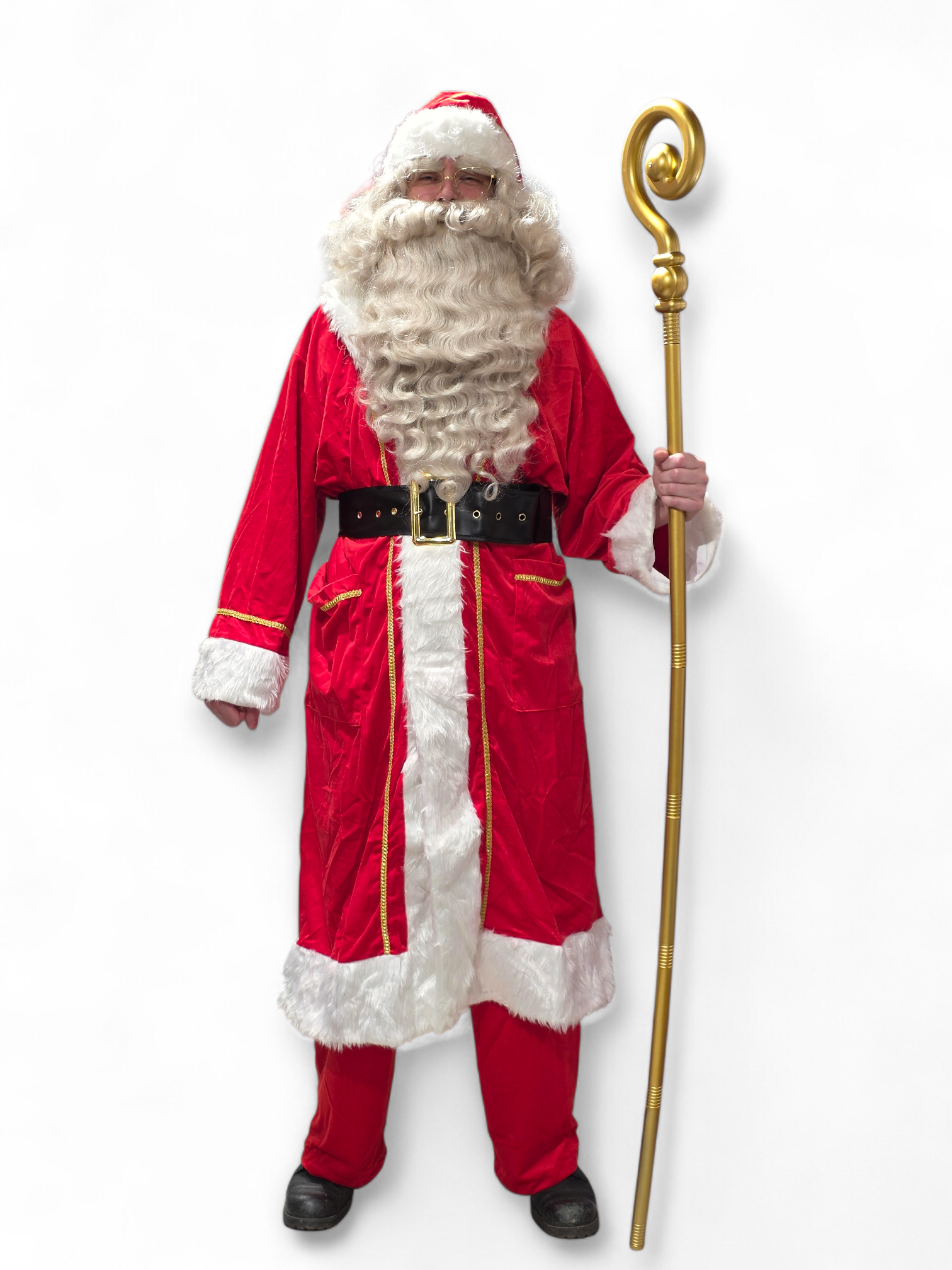 Joulupukin mantteli kultakirjailulla (+ vyö ja lakki)