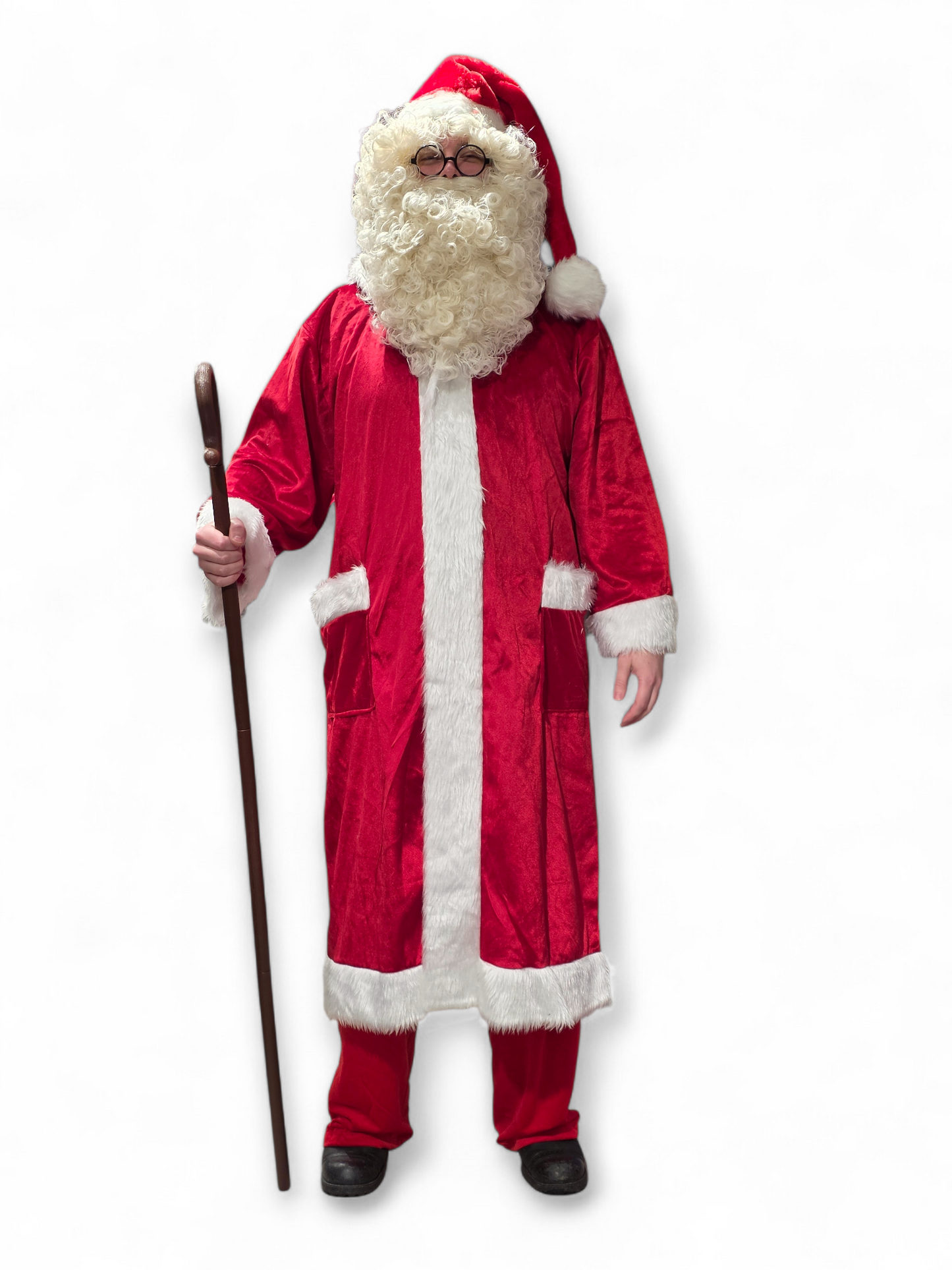 Joulupukin mantteli hupulla, taskuilla ja vyöllä