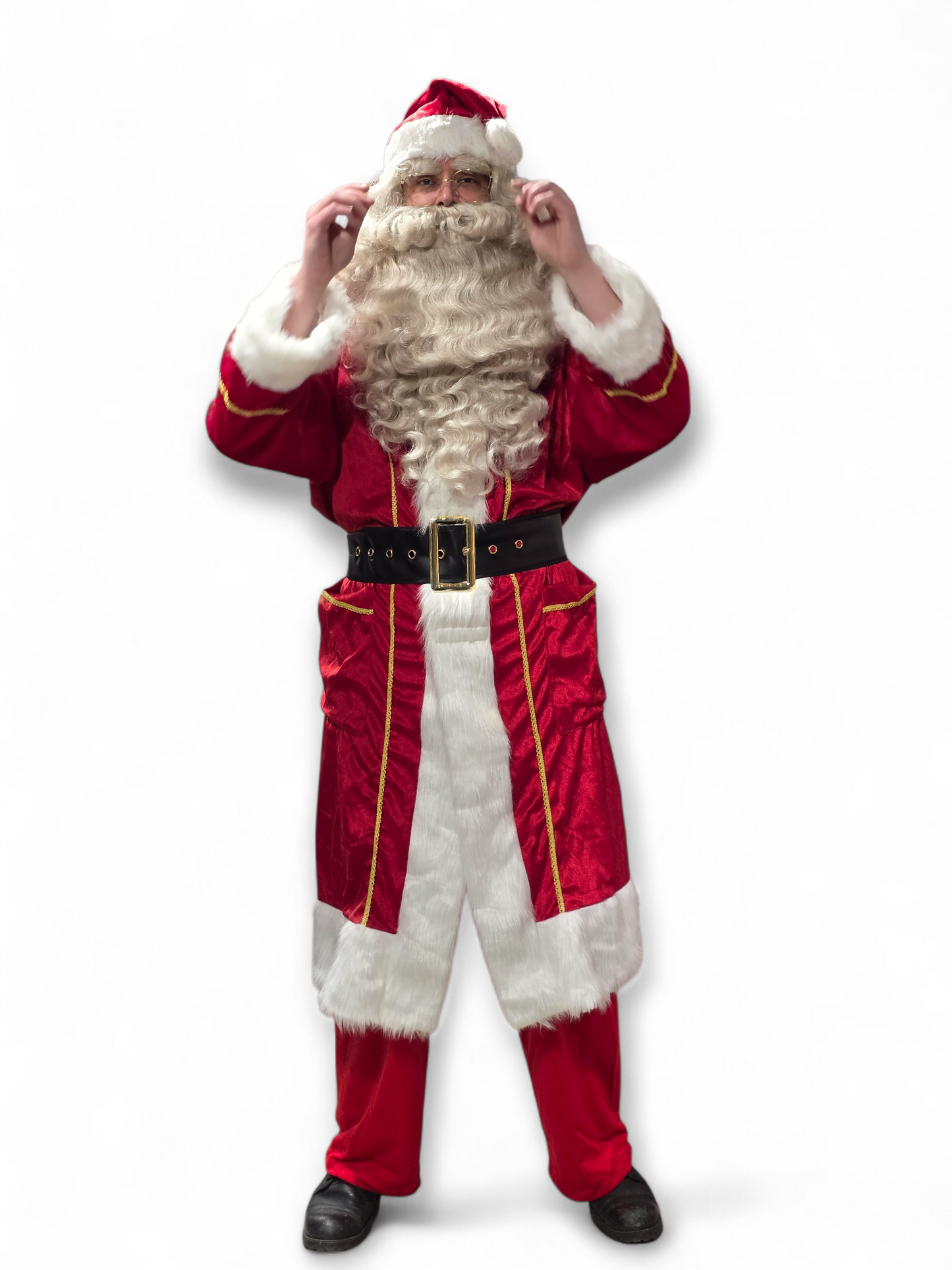 Ammattilaistasoinen joulupukin mantteli kultakirjailulla (+ vyö ja lakki) Deluxe