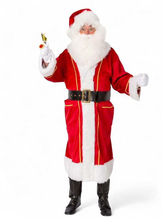 Ammattilaistasoinen joulupukin mantteli kultakirjailuilla (+ vyö ja lakki) Deluxe