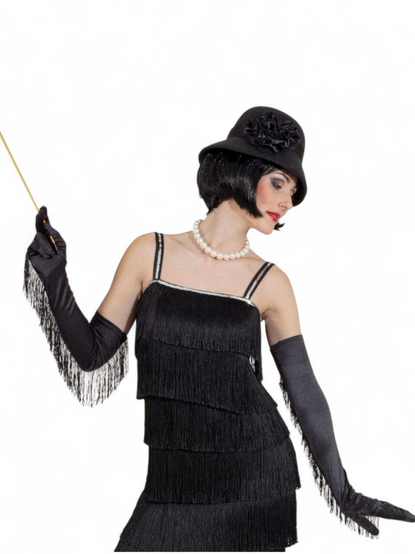 Yli kyynärpään ulottuvat satiinikäsineet hapsuilla Flapper