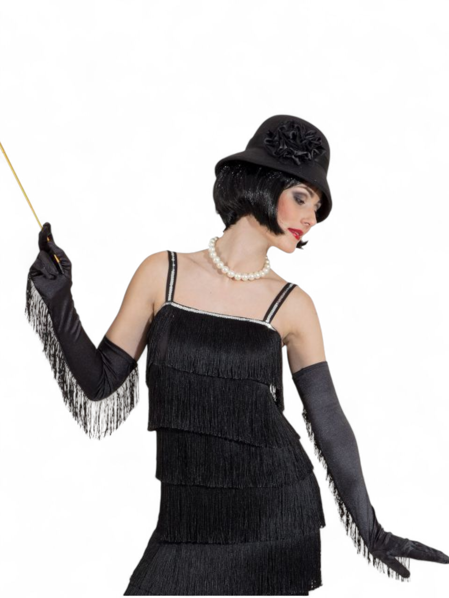 Yli kyynärpään ulottuvat satiinikäsineet hapsuilla Flapper