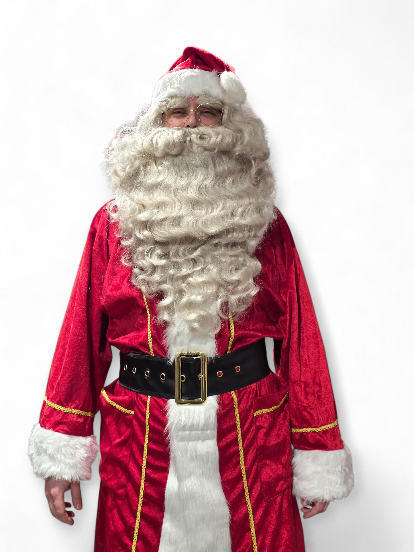 Ammattilaistasoinen joulupukin mantteli kultakirjailulla (+ vyö ja lakki) Deluxe