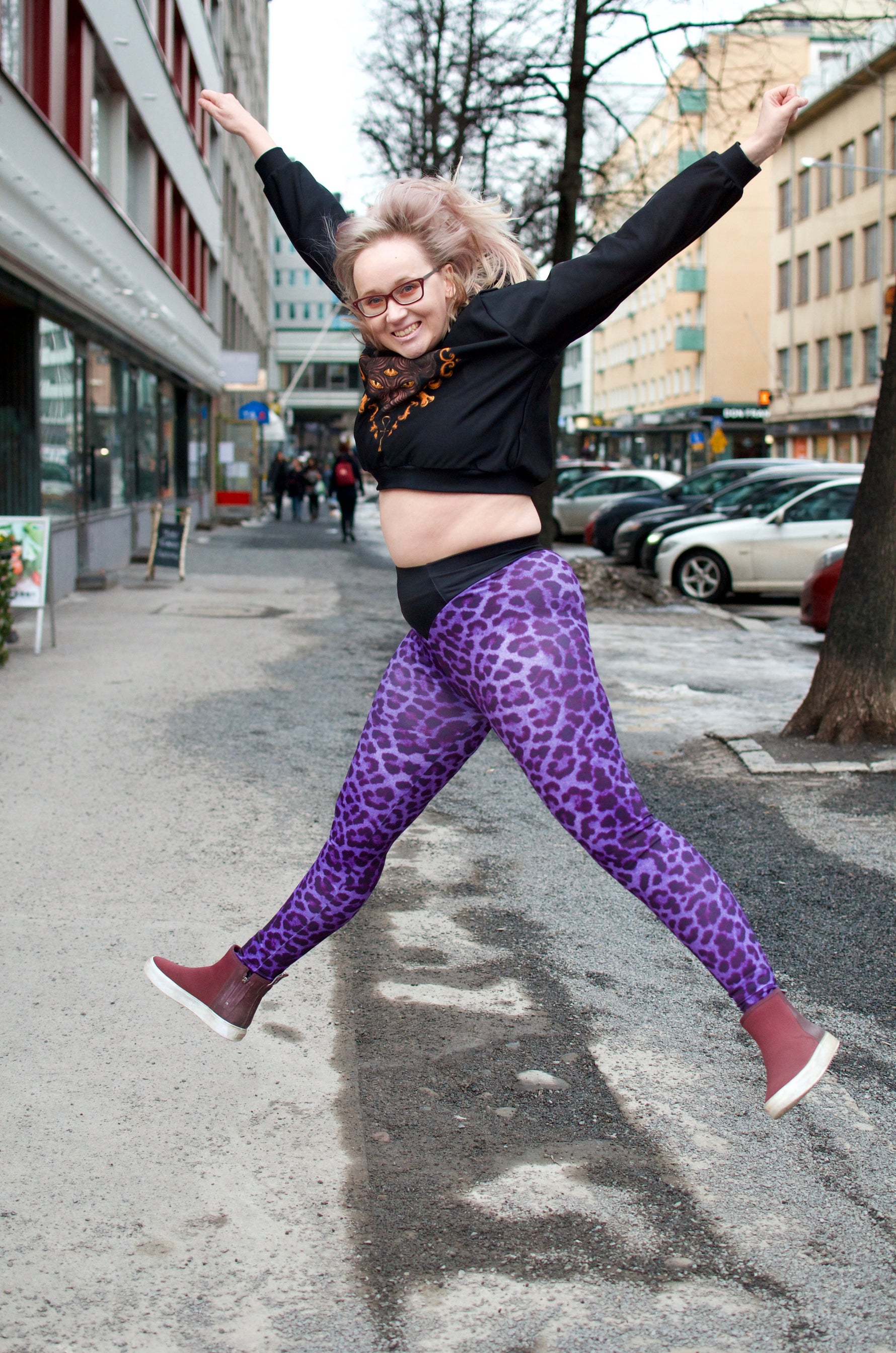 Legginsit Leopard Purple,  extrakorkea vyötärö