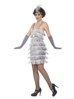 20-luvun Flapper-asu, hopeanharmaa, lyhyt helma