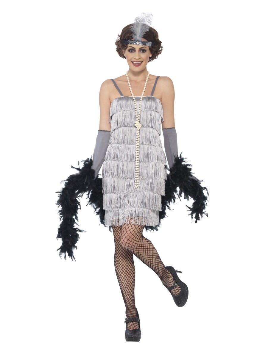 20-luvun Flapper-asu, hopeanharmaa, lyhyt helma
